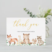 Gold Woodland Animals Baby shower Hartelijk dank Folie Uitnodiging (Staand Voorkant)