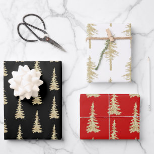 Gold Woodland Spruce Trees Black White Holiday Red Inpakpapier Vel