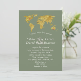 Gold World Map Destination Sage Green Wedding Kaart