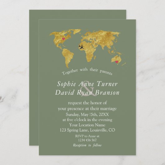 Gold World Map Destination Sage Green Wedding Kaart (Voorkant / Achterkant)