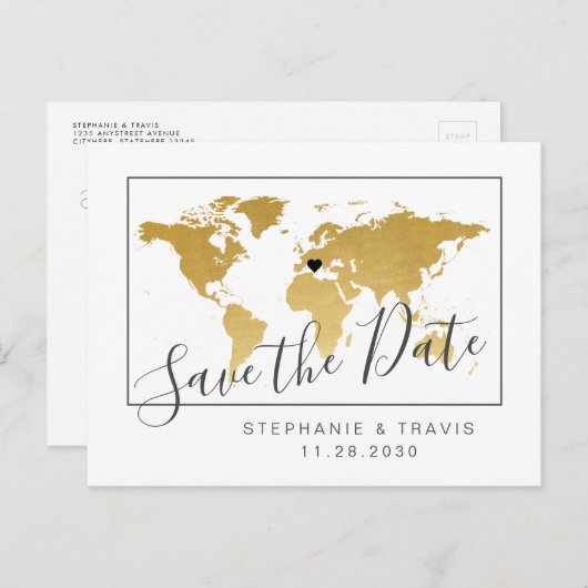 Gold World Map Minimal Enregistrer la date Carte p (Devant / Derrière)