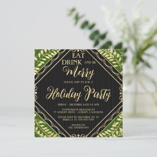 Gold Wreate and Green Holiday Party Invitation Kaart (Staand voorkant)