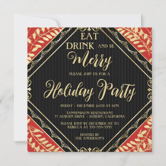Gold Wreate and Red Holiday Party Invitation Kaart (Voorkant)