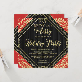 Gold Wreate and Red Holiday Party Invitation Kaart