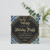 Gold Wreath et Blue Holiday Party Invitation (Debout devant)