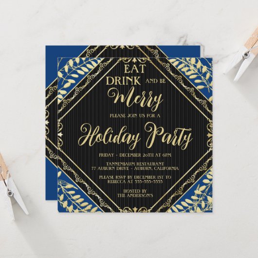 Gold Wreath et Blue Holiday Party Invitation (Devant/Arrière en situation)
