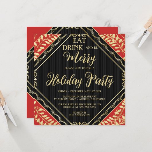 Gold Wreath et Red Holiday Party Invitation (Devant/Arrière en situation)