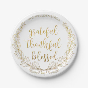 Gold Wreath Grateful Thankful Blessed Monogram Papieren Bordje