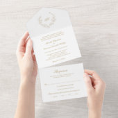 Gold Wreath Monogram Elegante bruiloft All In One Uitnodiging (Afscheurbaar)