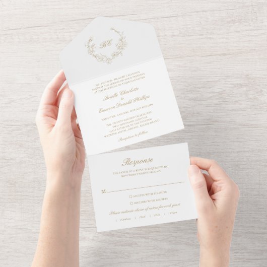 Gold Wreath Monogram Elegante bruiloft All In One Uitnodiging (Afscheurbaar)
