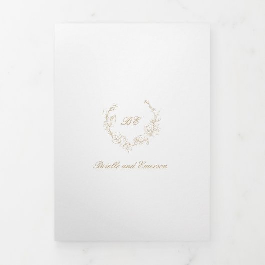 Gold Wreath Monogram Elegante bruiloft Drieluik Uitnodiging (Cover)