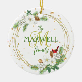 Gold Wreath White Berries, Petunias en Kardinaal Keramisch Ornament