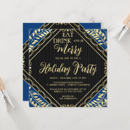 Gold Wreator and Blue Holiday Party Invitation Kaart
