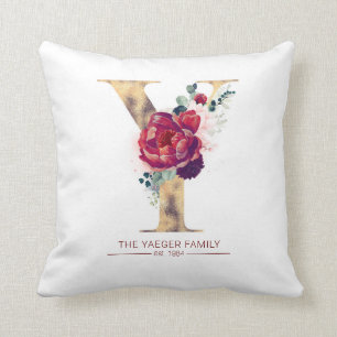 Gold Y Monogram Floral Burgundy Red Kussen