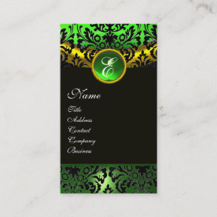 GOLD YELLOW BLACK GREEN EMERALD DAMASK MONOGRAM VISITEKAARTJE