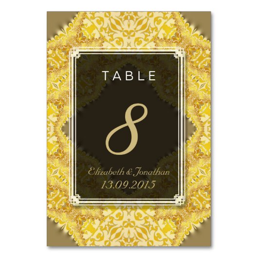 Gold Yellow Damask Wedding Table Number Kaart (Voorkant)
