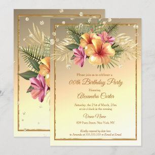 Gold yellow Pink Sepia Hibiscus Birthday Party Kaart