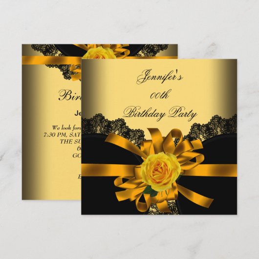 Gold Yellow Rose Black Lace Birthday Party Kaart (Voorkant / Achterkant)