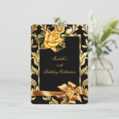 Gold Yellow Rose Bow Black Damask Birthday Party Kaart (Staand voorkant)