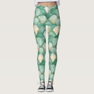 Gold Zee Shell Wave Pattern in Aqua Blauwgroen Leggings