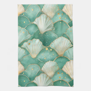 Gold Zee Shell Wave Pattern in Aqua Blauwgroen Theedoek