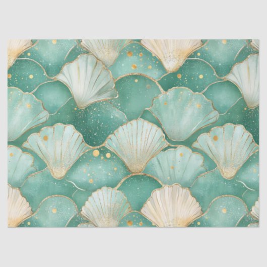 Gold Zee Shell Wave Pattern in Aqua Blauwgroen Tissuepapier (Voorkant)