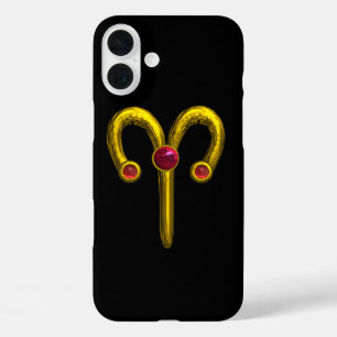 GOLD ZODIAC SIGN ARIES, Red Ruby Black iPhone 16 Plus Hoesje