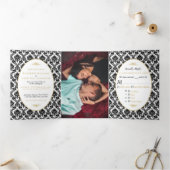 Gold, Zwart & Wit Damask Wedding Suite Drieluik Uitnodiging (Binnen)