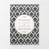 Gold, Zwart & Wit Damask Wedding Suite Drieluik Uitnodiging (Cover)