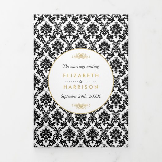 Gold, Zwart & Wit Damask Wedding Suite Drieluik Uitnodiging (Cover)
