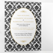 Gold, Zwart & Wit Damask Wedding Suite Drieluik Uitnodiging (Binnenzijde eerst)
