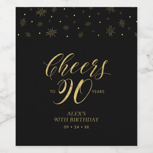 Gold & zwarte Cheers 90 jaar, 90e verjaardag Wijn Etiket (Enkel label)