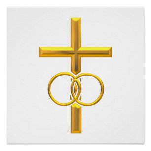 Golden 3-D Cross met Wedding Rings Perfect Poster