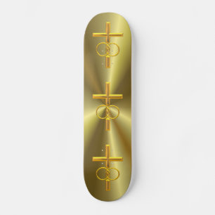 Golden 3-D Cross met Wedding Rings Skateboard