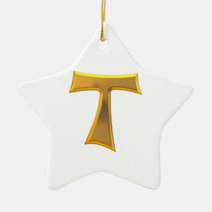 Golden 3-D Kijk Franciscan Tau Cross Keramisch Ornament