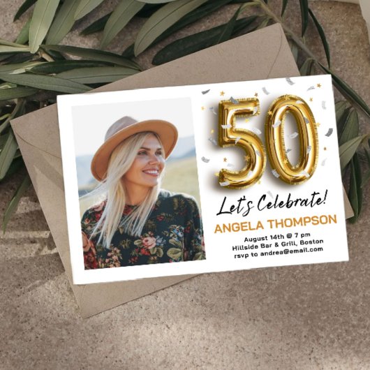 Golden 50 Years Birthday Photo Invitation