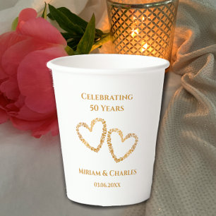 Golden 50th Wedding Jubileum Hart Gepersonaliseerd Papieren Bekers