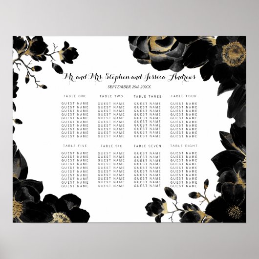 Golden Accented Black Floral Seating Chart Poster (Voorkant)
