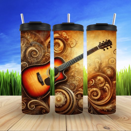 Golden Acoustic Guitar Abstracte Kunst Thermosbeker