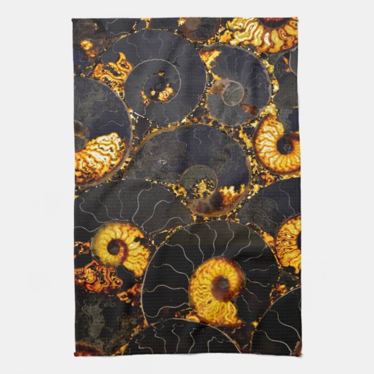 Golden Amber black Nautilus shell patroon, fossiel Theedoek (Verticaal)