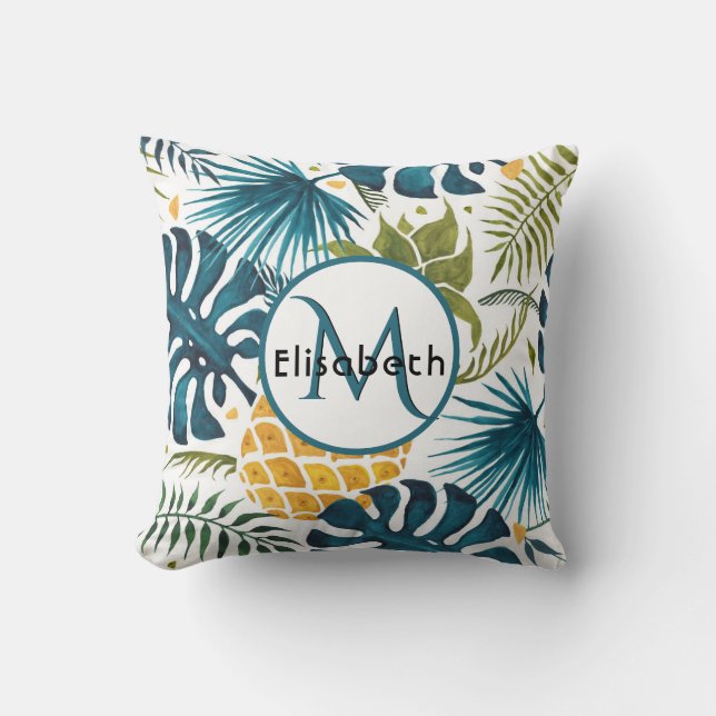 Golden anananappel blauw palmblad monogram kussen (Voorkant)