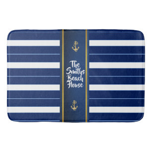 Golden Anchor op Blue Stripes Nautical Badmat