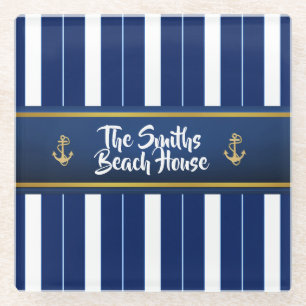 Golden Anchor op Blue Stripes Nautical Glazen Onderzetter
