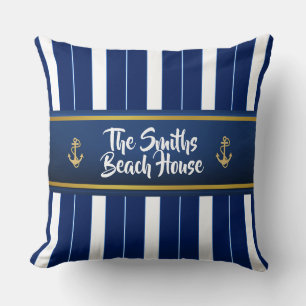 Golden Anchor op Blue Stripes Nautical Kussen