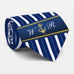 Golden Anchor op Blue Stripes Nautical Stropdas