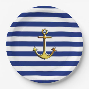 Golden Anchor op Nautical Navy Blue Stripes Print Papieren Bordje