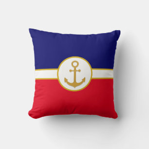 Golden Anchor op Navy Blue, Red & White Kussen