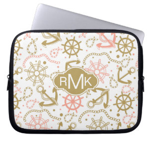 Golden Anchor Pattern Monogram Laptop Sleeve