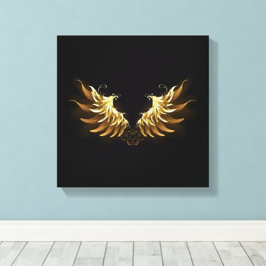 Golden Angel Wings op zwarte achtergrond Canvas Afdruk (Insitu (Houten vloer))