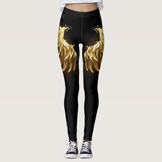 Golden Angel Wings op zwarte achtergrond Leggings (Voorkant)
